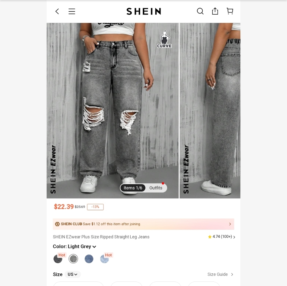 NWT: SHEIN, EZWEAR PLUS SIZE DESTROYED STRAIGHT LEG JEAN, LIGHT GREY, SZ: 18/3X.